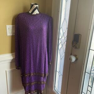 Vintage Carina 100% Silk Purple and Gold  Beaded Formal Midi dress  Size XL